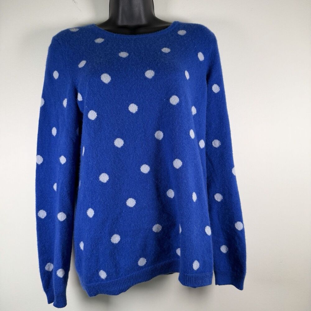 Talbots Cashmere Sweater Cobalt Blue w/White Polka Dots Sz L Large